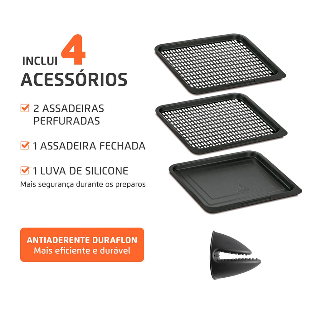 Três assadeiras antiaderentes inclusas